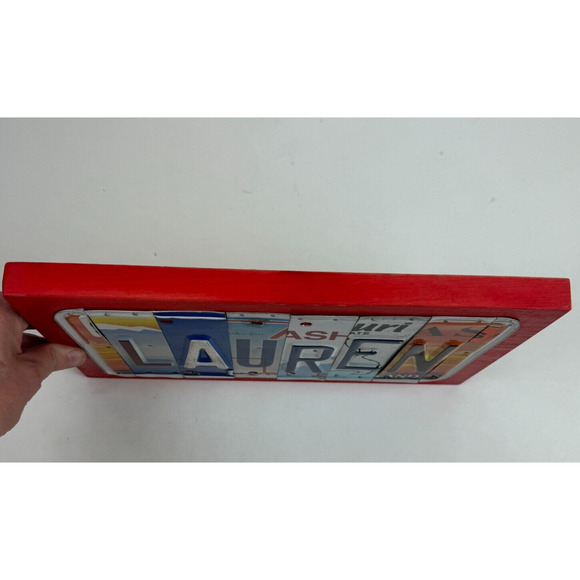 License Plate "Lauren" Folk Art Red Wood Backing Alaska - Picture 3 of 9